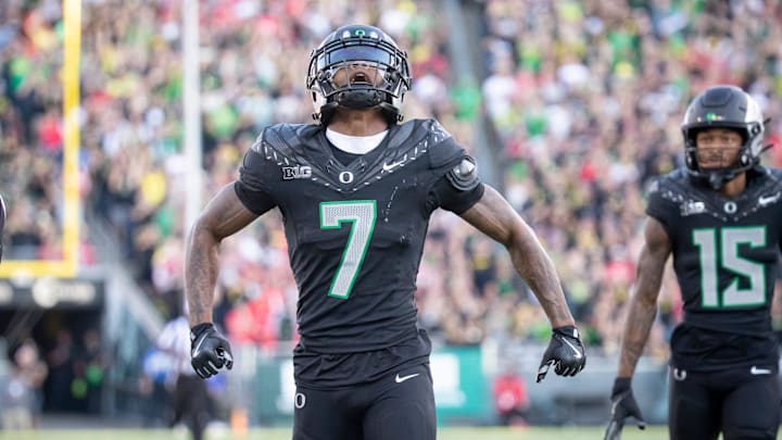 Oregon Ducks wide receiver Evan Stewart celebrates a long reception as the No. 3 Oregon Ducks host the No. 2 Ohio State Buckeyes on Saturday, Oct. 12, 2024, at Autzen Stadium.