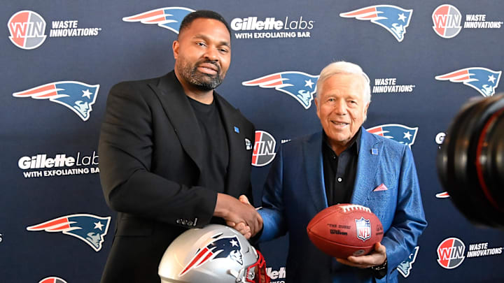 Jan 17, 2024; Foxborough, MA, USA; New England Patriots head coach Jerod Mayo (L) and owner Robert Kraft pose for photos after a press conference announcing Mayo's hiring as the team's head coach at Gillette Stadium.