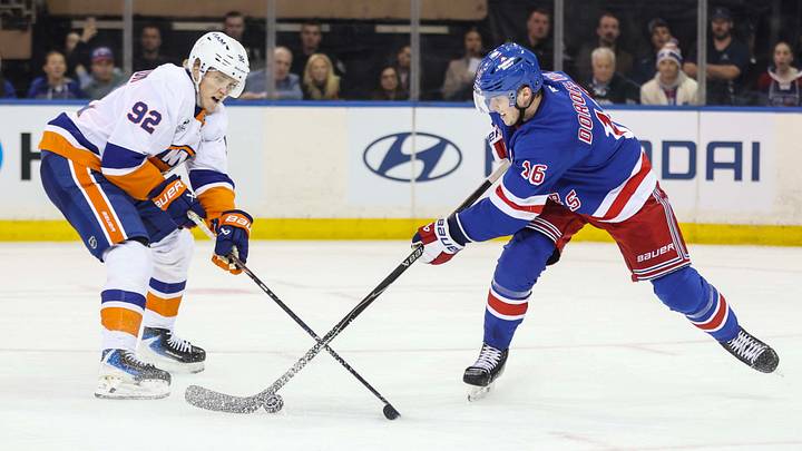 Oct 6, 2026; New York, New York, USA; New York Islanders right wing Simon Holmstrom (92) and New York Rangers right wing Pavel Dorofeyev (16) during the game at Madison Square Garden. Mandatory Credit: Wendell Cruz-Imagn Images Oct 6, 2026; New York, New York, USA; New York Islanders right wing Simon Holmstrom (92) and New York Rangers right wing Pavel Dorofeyev (16) during the game at Madison Square Garden. Mandatory Credit: Wendell Cruz-Imagn Images
