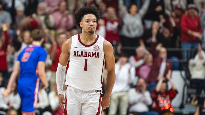 Mar 5, 2025; Tuscaloosa, Alabama, USA; Alabama Crimson Tide guard Mark Sears (1) reacts after shooting a three-point basket against the Florida Gators during the first half at Coleman Coliseum. Mandatory Credit: Will McLelland-Imagn Images