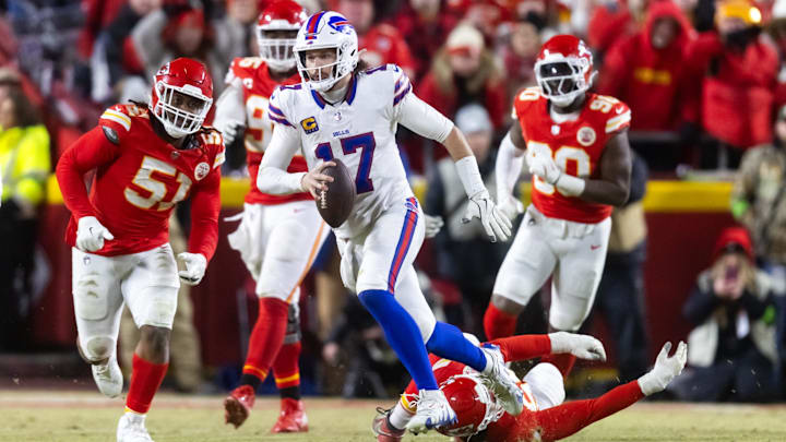 Jan 26, 2025; Kansas City, MO, USA; Buffalo Bills quarterback Josh Allen (17) runs the ball against the Kansas City Chiefs during the AFC Championship game at GEHA Field at Arrowhead Stadium. Mandatory Credit: Mark J. Rebilas-Imagn Images