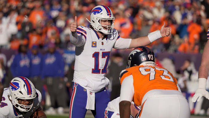 Buffalo Bills quarterback Josh Allen signals to the offensive line a play during first half action at Empower FIeld at Mile High in Denver, Colorado on Jan. 17, 2026.
