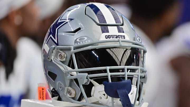 Sep 24, 2023; Glendale, Arizona, USA;  Detail view of a Dallas Cowboys helmet in the second half against the Arizona Cardinals at State Farm Stadium. Mandatory Credit: Matt Kartozian-Imagn Images