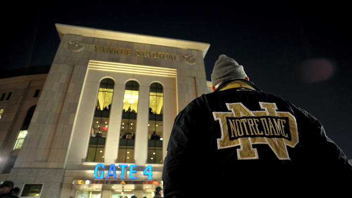 Nov. 20, 2010; New York, NY, USA; A Notre Dame fan waits outside Yankee Stadium before the game between the Notre Dame Fighting Irish and the Army Black Knights. 