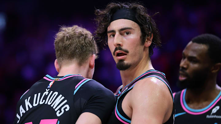 Dec 27, 2025; Miami, Florida, USA; Miami Heat forward Jaime Jaquez Jr. (11) looks on after scoring against the Indiana Pacers during the second half at Kaseya Center. Mandatory Credit: Sam Navarro-Imagn Images