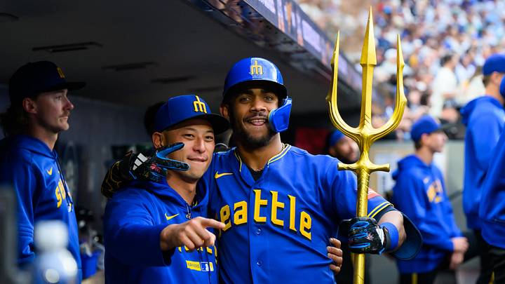 May 1, 2026; Seattle, Washington, USA; Seattle Mariners Rob Refsnyder (30) and center fielder Julio Rodr’guez (44) celebrate after Rodr’guez hit a 2-run home run against the Kansas City Royals during the first inning at T-Mobile Park. Mandatory Credit: Steven Bisig-Imagn Images May 1, 2026; Seattle, Washington, USA; Seattle Mariners Rob Refsnyder (30) and center fielder Julio Rodr’guez (44) celebrate after Rodr’guez hit a 2-run home run against the Kansas City Royals during the first inning at T-Mobile Park. Mandatory Credit: Steven Bisig-Imagn Images