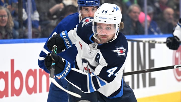 Jan 1, 2026; Toronto, Ontario, CAN; Winnipeg Jets defenseman Josh Morrissey (44) pursues the play against the Toronto Maple Leafs in the third period at Scotiabank Arena. Mandatory Credit: Dan Hamilton-Imagn Images Jan 1, 2026; Toronto, Ontario, CAN; Winnipeg Jets defenseman Josh Morrissey (44) pursues the play against the Toronto Maple Leafs in the third period at Scotiabank Arena. Mandatory Credit: Dan Hamilton-Imagn Images