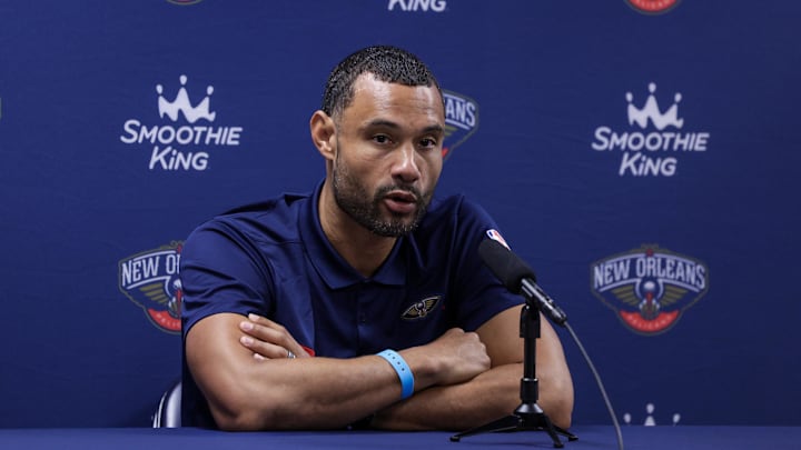 Sep 26, 2022; New Orleans, LA, USA;  New Orleans Pelicans general manager Trajan Langdon during a press conference at the New Orleans Pelicans Media Day from the Smoothie King Center. Mandatory Credit: Stephen Lew-Imagn Images