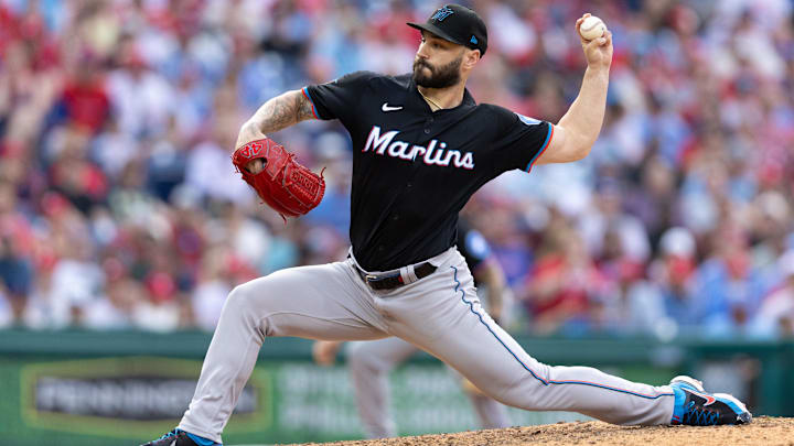 Jun 29, 2024; Philadelphia, Pennsylvania, USA; Miami Marlins pitcher Tanner Scott (66) throws a pitch during the ninth inning against the Philadelphia Phillies at Citizens Bank Park. Mandatory Credit: Bill Streicher-USA TODAY Sports