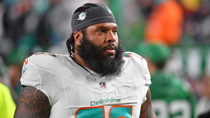 Miami Dolphins offensive tackle Isaiah Wynn (77) against the Philadelphia Eagles at Lincoln Financial Field last season.