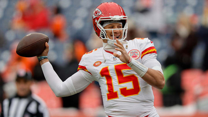 Oct 29, 2023; Denver, Colorado, USA; Kansas City Chiefs quarterback Patrick Mahomes (15) warms up before the game against the Denver Broncos at Empower Field at Mile High. Mandatory Credit: Isaiah J. Downing-Imagn Images