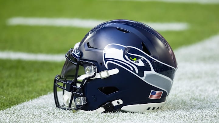 Dec 8, 2024; Glendale, Arizona, USA; Detailed view of a Seattle Seahawks helmet at State Farm Stadium. Mandatory Credit: Mark J. Rebilas-Imagn Images