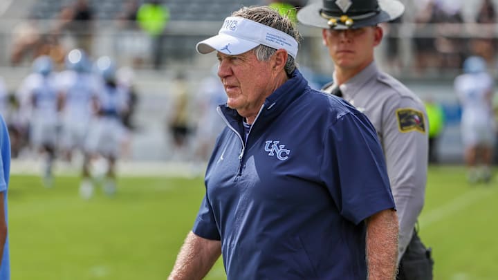 Sep 20, 2025; Orlando, Florida, USA; North Carolina Tar Heels head coach Bill Belichick walks into the field before the game against the UCF Knights at the Bounce House Stadium. Mandatory Credit: Mike Watters-Imagn Images