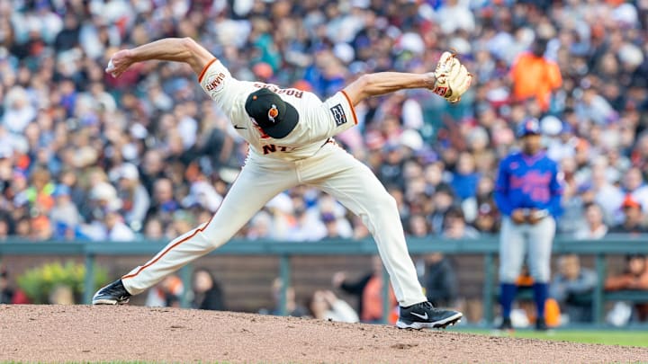 Jul 27, 2025; San Francisco, California, USA; San Francisco Giants pitcher Tyler Rogers (71) throws a pitch during the seventh inning against the New York Mets at Oracle Park. Mandatory Credit: Bob Kupbens-Imagn Images