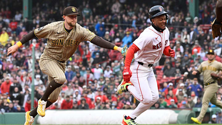 Apr 5, 2026; Boston, Massachusetts, USA; San Diego Padres second baseman Jake Cronenworth (9) tags Boston Red Sox center fielder Ceddanne Rafaela (3) out during the seventh inning at Fenway Park. Mandatory Credit: Eric Canha-Imagn Images Apr 5, 2026; Boston, Massachusetts, USA; San Diego Padres second baseman Jake Cronenworth (9) tags Boston Red Sox center fielder Ceddanne Rafaela (3) out during the seventh inning at Fenway Park. Mandatory Credit: Eric Canha-Imagn Images
