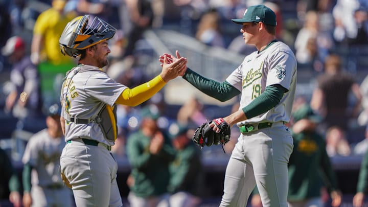 Apr 22, 2024; Bronx, New York, USA; Oakland Athletics pitcher Mason Miller (19) shakes hands with Apr 22, 2024; Bronx, New York, USA; Oakland Athletics pitcher Mason Miller (19) shakes hands with