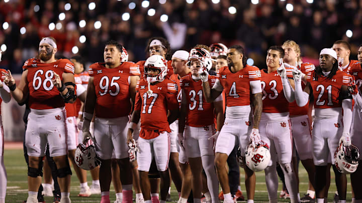 The Utah Utes celebrate a moment of loudness between the third and fourth quarters of a game against the Colorado Buffaloes at Rice-Eccles Stadium.