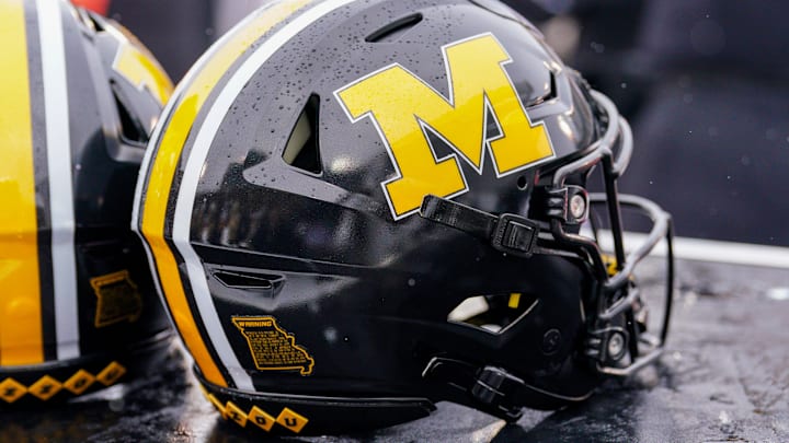 Nov 30, 2024; Columbia, Missouri, USA; A general view of a Missouri Tigers helmet against the Arkansas Razorbacks during the first half at Faurot Field at Memorial Stadium. Mandatory Credit: Denny Medley-Imagn Images