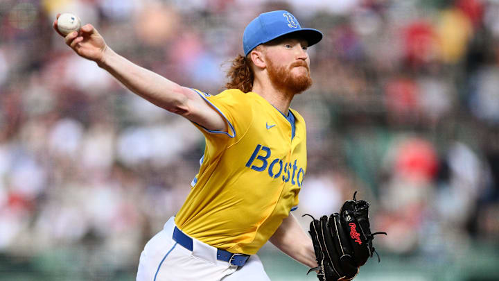 Aug 30, 2025; Boston, Massachusetts, USA; Boston Red Sox starting pitcher Dustin May (85) pitches against the Pittsburgh Pirates during the first inning at Fenway Park. Mandatory Credit: Brian Fluharty-Imagn Images