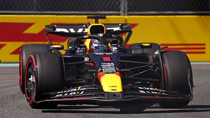 May 4, 2024; Miami Gardens, Florida, USA; Red Bull Racing driver Max Verstappen (1) during F1 qualifying for Miami Grand Prix at Miami International Autodrome. Mandatory Credit: Peter Casey-Imagn Images