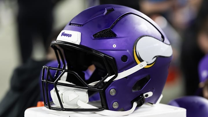 Jan 13, 2025; Glendale, AZ, USA; Detailed view of a Minnesota Vikings helmet during an NFC wild card game at State Farm Stadium. Mandatory Credit: Mark J. Rebilas-Imagn Images Jan 13, 2025; Glendale, AZ, USA; Detailed view of a Minnesota Vikings helmet during an NFC wild card game at State Farm Stadium. Mandatory Credit: Mark J. Rebilas-Imagn Images