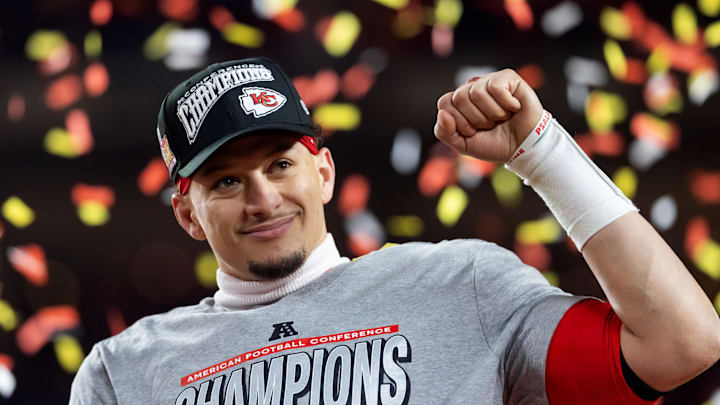 Jan 26, 2025; Kansas City, MO, USA; Confetti falls as Kansas City Chiefs quarterback Patrick Mahomes celebrates after defeating the Buffalo Bills during the AFC Championship game at GEHA Field at Arrowhead Stadium. Mandatory Credit: Mark J. Rebilas-Imagn Images Jan 26, 2025; Kansas City, MO, USA; Confetti falls as Kansas City Chiefs quarterback Patrick Mahomes celebrates after defeating the Buffalo Bills during the AFC Championship game at GEHA Field at Arrowhead Stadium. Mandatory Credit: Mark J. Rebilas-Imagn Images
