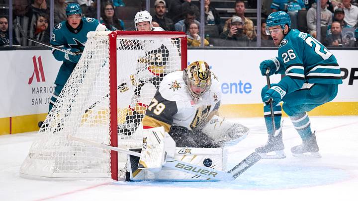 Sep 22, 2026; San Jose, California, USA; San Jose Sharks center Andre Gasseau shoots the puck against Vegas Golden Knights goaltender Carter Hart (79) during the second period at SAP Center at San Jose. Mandatory Credit: Robert Edwards-Imagn Images Sep 22, 2026; San Jose, California, USA; San Jose Sharks center Andre Gasseau shoots the puck against Vegas Golden Knights goaltender Carter Hart (79) during the second period at SAP Center at San Jose. Mandatory Credit: Robert Edwards-Imagn Images