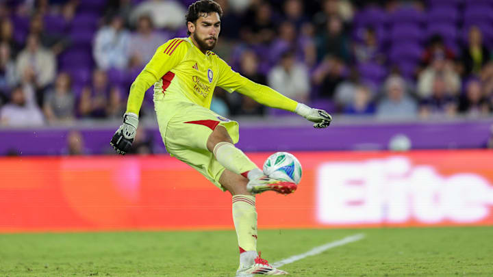 Mar 22, 2025; Orlando, Florida, USA; Orlando City goalkeeper Javier Otero (12) puts the ball in play against D.C. United in the second half at Inter&Co Stadium. Mandatory Credit: Nathan Ray Seebeck-Imagn Images