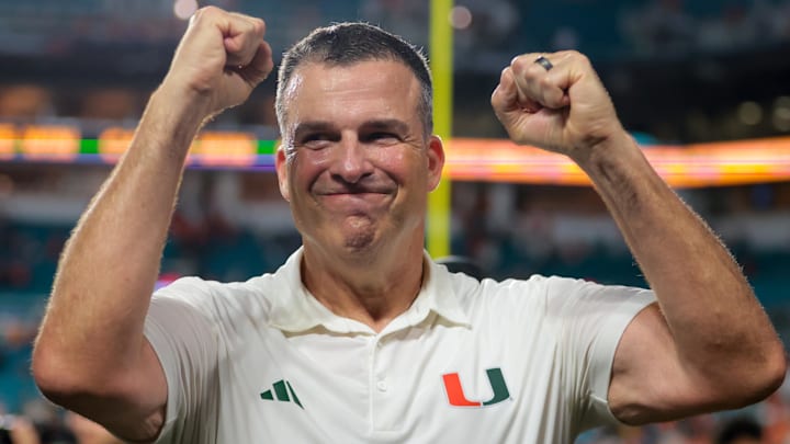 Sep 20, 2025; Miami Gardens, Florida, USA; Miami Hurricanes head coach Mario Cristobal reacts after the game against the Florida Gators at Hard Rock Stadium. Mandatory Credit: Sam Navarro-Imagn Images