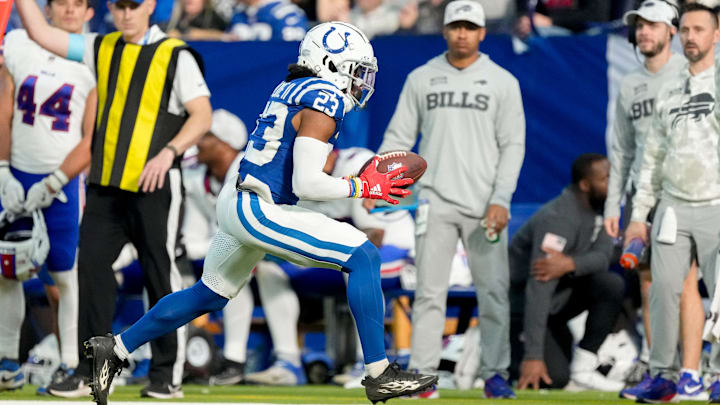 Indianapolis Colts cornerback Kenny Moore II (23) intercepts a pass Sunday, Nov. 10, 2024, during a game against the Buffalo Bills at Lucas Oil Stadium in Indianapolis.