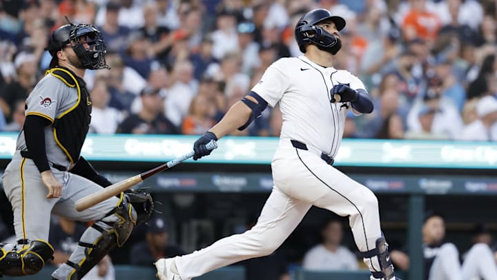 Jun 17, 2025; Detroit, Michigan, USA; Detroit Tigers outfielder Riley Greene (31) hits a two-run home run in the seventh inning against the Pittsburgh Pirates at Comerica Park. ` Jun 17, 2025; Detroit, Michigan, USA; Detroit Tigers outfielder Riley Greene (31) hits a two-run home run in the seventh inning against the Pittsburgh Pirates at Comerica Park. `