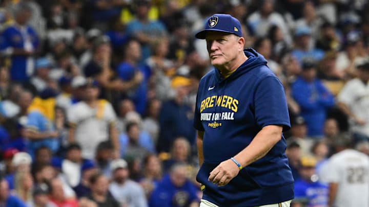 Oct 6, 2025; Milwaukee, Wisconsin, USA; Milwaukee Brewers manager Pat Murphy (49) walks back to the dugout after making a pitching change during the eighth inning against the Chicago Cubs during game two of the NLDS round for the 2025 MLB playoffs at American Family Field. Mandatory Credit: Benny Sieu-Imagn Images
