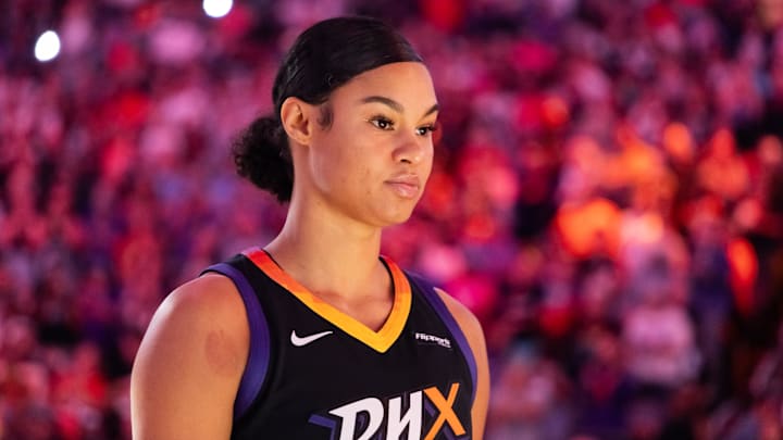 Jun 11, 2025; Phoenix, Arizona, USA; Phoenix Mercury forward Satou Sabally (0) against the Dallas Wings at PHX Arena. Mandatory Credit: Mark J. Rebilas-Imagn Images