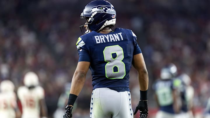 Detailed view of the jersey of Seattle Seahawks safety Coby Bryant (8).