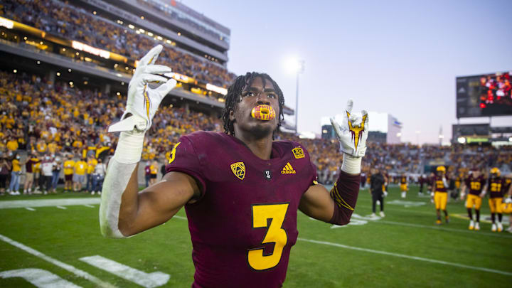 Nov 27, 2021; Tempe, Arizona, USA; Arizona State Sun Devils running back Rachaad White (3) reacts following the game against the Arizona Wildcats at Sun Devil Stadium. Mandatory Credit: Mark J. Rebilas-Imagn Images