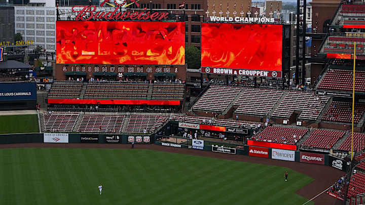 Aug 29, 2024; St. Louis, Missouri, USA;  A general view as St. Louis Cardinals relief pitcher Ryan Helsley (56) enters the game against the San Diego Padres during the ninth inning at Busch Stadium. Mandatory Credit: Jeff Curry-Imagn Images