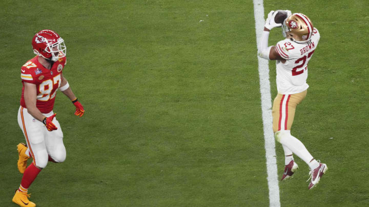 Feb 11, 2024; Paradise, Nevada, USA; San Francisco 49ers safety Ji'Ayir Brown (27) makes a catch against the Kansas City Chiefs during the third quarter of Super Bowl LVIII between Kansas City Chiefs and San Francisco 49ers at Allegiant Stadium. Mandatory Credit: Joe Camporeale-USA TODAY Sports Feb 11, 2024; Paradise, Nevada, USA; San Francisco 49ers safety Ji'Ayir Brown (27) makes a catch against the Kansas City Chiefs during the third quarter of Super Bowl LVIII between Kansas City Chiefs and San Francisco 49ers at Allegiant Stadium. Mandatory Credit: Joe Camporeale-USA TODAY Sports