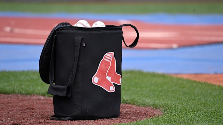 May 12, 2024; Boston, Massachusetts, USA;  A bag of baseballs sits on the diamond before a game against between the Boston Red Sox and the Washington Nationals at Fenway Park. Mandatory Credit: Eric Canha-Imagn Images