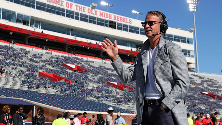 Oct 11, 2025; Oxford, Mississippi, USA; Mississippi Rebels head coach Lane Kiffin interviews prior to the game against the Washington State Cougars at Vaught-Hemingway Stadium. Mandatory Credit: Petre Thomas-Imagn Images