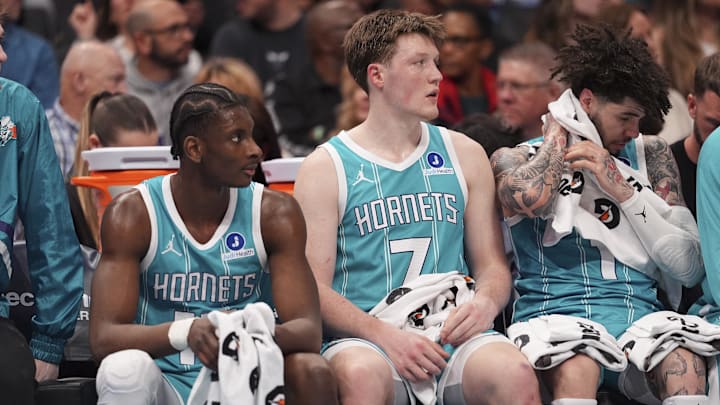 Feb 9, 2026; Charlotte, North Carolina, USA; Charlotte Hornets forward Moussa Diabaté (14) and guard/forward Kon Knueppel (7) and guard LaMelo Ball (1) get a break during the second quarter against the Detroit Pistons at Spectrum Center. Mandatory Credit: Jim Dedmon-Imagn Images Feb 9, 2026; Charlotte, North Carolina, USA; Charlotte Hornets forward Moussa Diabaté (14) and guard/forward Kon Knueppel (7) and guard LaMelo Ball (1) get a break during the second quarter against the Detroit Pistons at Spectrum Center. Mandatory Credit: Jim Dedmon-Imagn Images