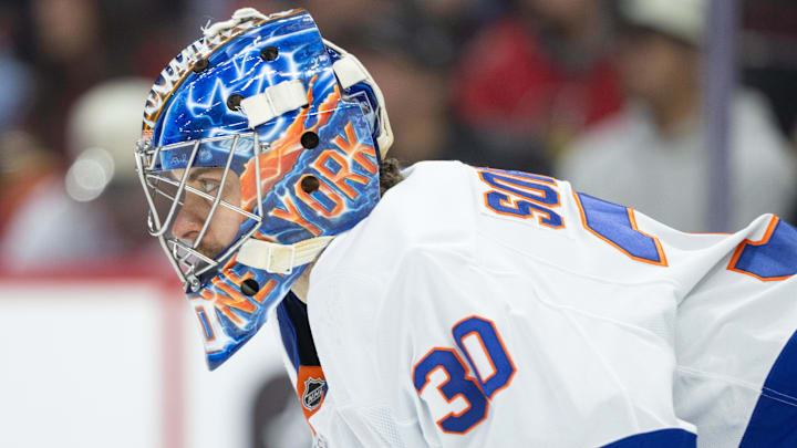 Mar 19, 2026; Ottawa, Ontario, CAN; New York Islanders goalie Ilya Sorokin (30) looks up the ice prior to the start of the first period against the Ottawa Senators at the Canadian Tire Centre. Mandatory Credit: Marc DesRosiers-IMAGN Images