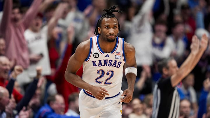 Jan 24, 2026; Columbia, Missouri, USA; Kansas Jayhawks guard Darryn Peterson (22) reacts after scoring during the first half against the BYU Cougars at Mizzou Arena. Mandatory Credit: Jay Biggerstaff-Imagn Images