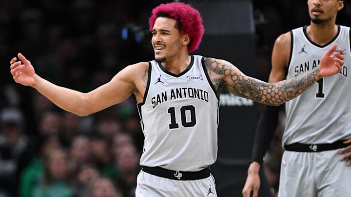 Jan 10, 2026; Boston, Massachusetts, USA; San Antonio Spurs forward Jeremy Sochan (10) reacts after being called for a foul during the first half of a game against the Boston Celtics at the TD Garden. Mandatory Credit: Brian Fluharty-Imagn Images