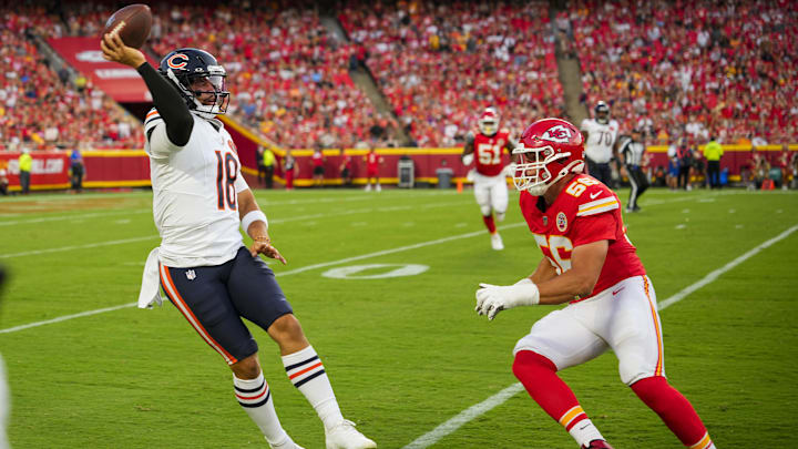 Chiefs defensive end George Karlaftis forces Caleb Williams to throw away the ball in the first quarter Friday night.