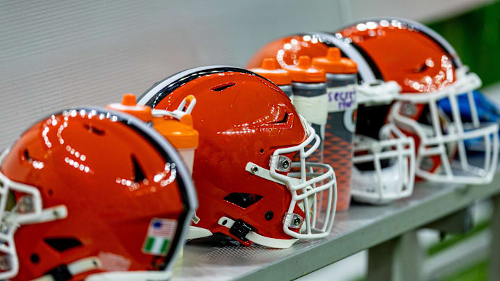 Nov 17, 2024; New Orleans, Louisiana, USA; Detailed view of the Cleveland Browns helmets on a time out against the New Orleans Saints during the first half at Caesars Superdome. Mandatory Credit: Stephen Lew-Imagn Images Nov 17, 2024; New Orleans, Louisiana, USA; Detailed view of the Cleveland Browns helmets on a time out against the New Orleans Saints during the first half at Caesars Superdome. Mandatory Credit: Stephen Lew-Imagn Images
