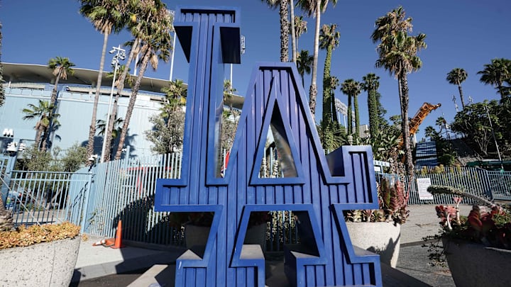 Jul 16, 2020; Los Angeles, California, United States; A general view of LA logo during a Los Angeles Dodgers intrasquad workout at Dodger Stadium. Mandatory Credit: Kirby Lee-Imagn Images