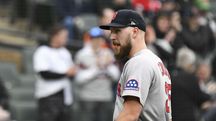 Apr 13, 2025; Chicago, Illinois, USA;  Boston Red Sox pitcher Garrett Crochet (35) leaves the field after Chicago White Sox third baseman Chase Meidroth (10) singles during the eighth inning at Guaranteed Rate Field. Mandatory Credit: Matt Marton-Imagn Images