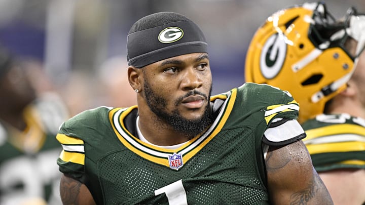 Green Bay Packers defensive end Micah Parsons looks on in the second half against the Dallas Cowboys at AT&T Stadium.