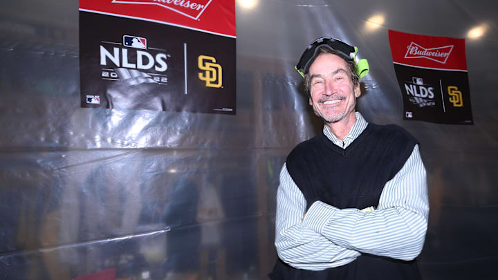 Oct 15, 2022; San Diego, California, USA; San Diego Padres owner Peter Seidler celebrates defeating the Los Angeles Dodgers during game four of the NLDS for the 2022 MLB Playoffs at Petco Park. Mandatory Credit: Orlando Ramirez-Imagn Images