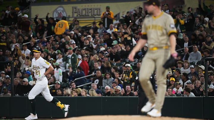 Apr 7, 2025; West Sacramento, California, USA; Athletics first base Tyler Soderstrom (21) rounds the bases after hitting a home run off of San Diego Padres pitcher Michael King (34) during the third inning at Sutter Health Park. Mandatory Credit: Ed Szczepanski-Imagn Images Apr 7, 2025; West Sacramento, California, USA; Athletics first base Tyler Soderstrom (21) rounds the bases after hitting a home run off of San Diego Padres pitcher Michael King (34) during the third inning at Sutter Health Park. Mandatory Credit: Ed Szczepanski-Imagn Images